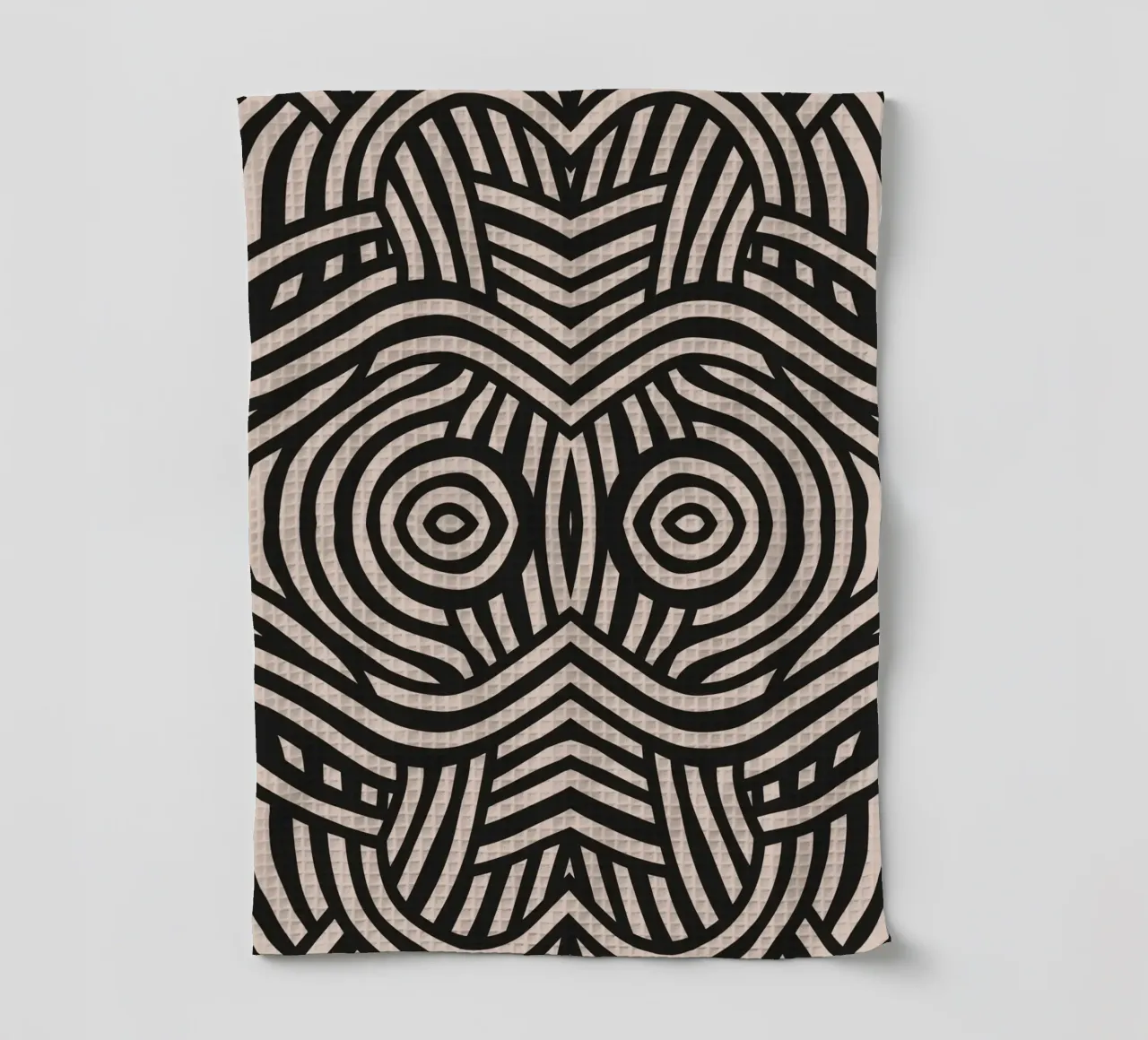 Symmetrical linocut line art pattern 04 tea towel by Little Dean