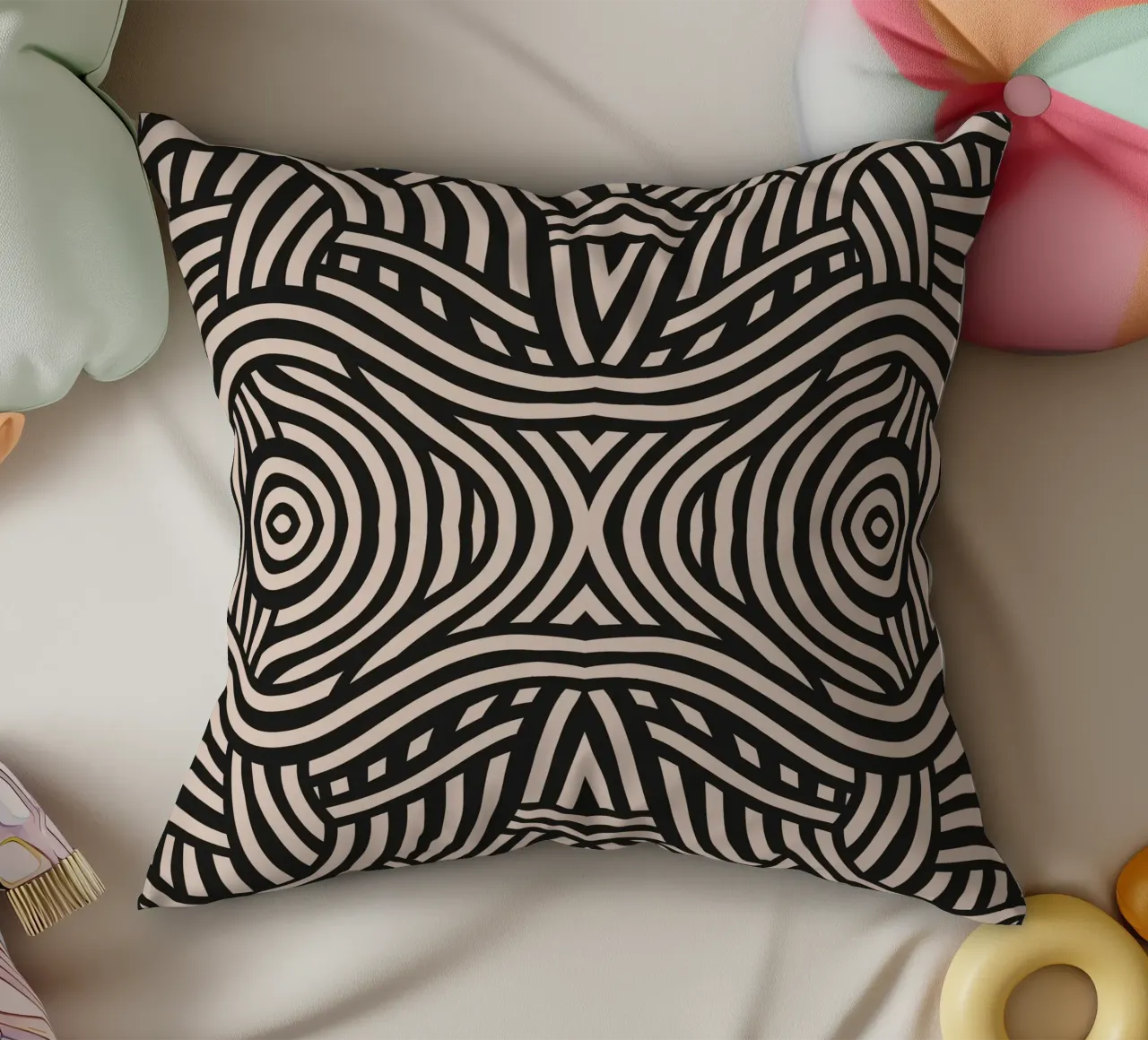 Symmetrical linocut line art pattern 05 decorative cushion by Little Dean