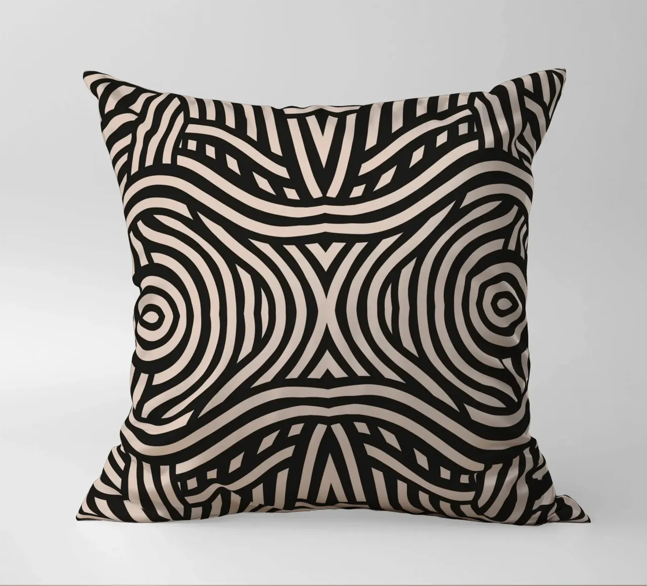 Symmetrical linocut line art pattern 05 decorative cushion by Little Dean