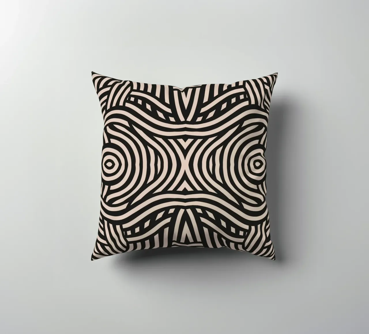 Symmetrical linocut line art pattern 05 decorative cushion by Little Dean