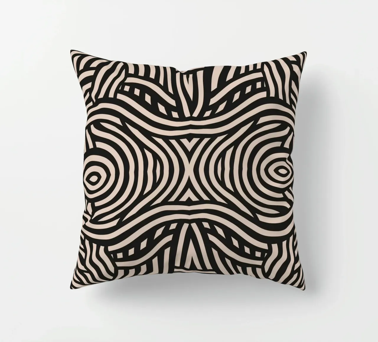 Symmetrical linocut line art pattern 05 decorative cushion by Little Dean