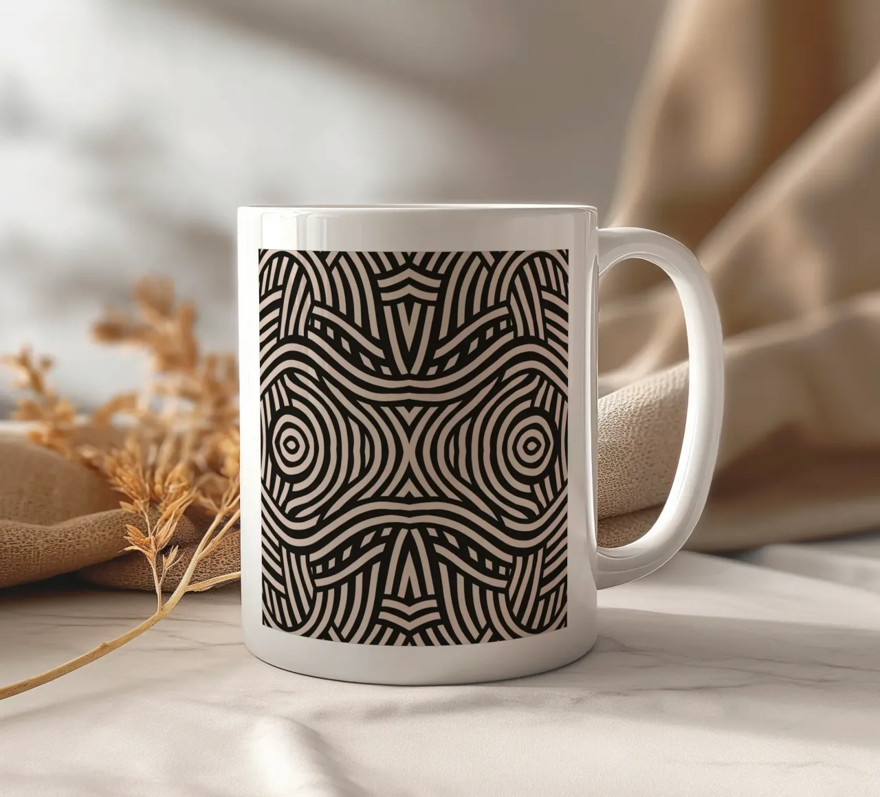 Symmetrical linocut line art pattern 05 ceramic mug by Little Dean