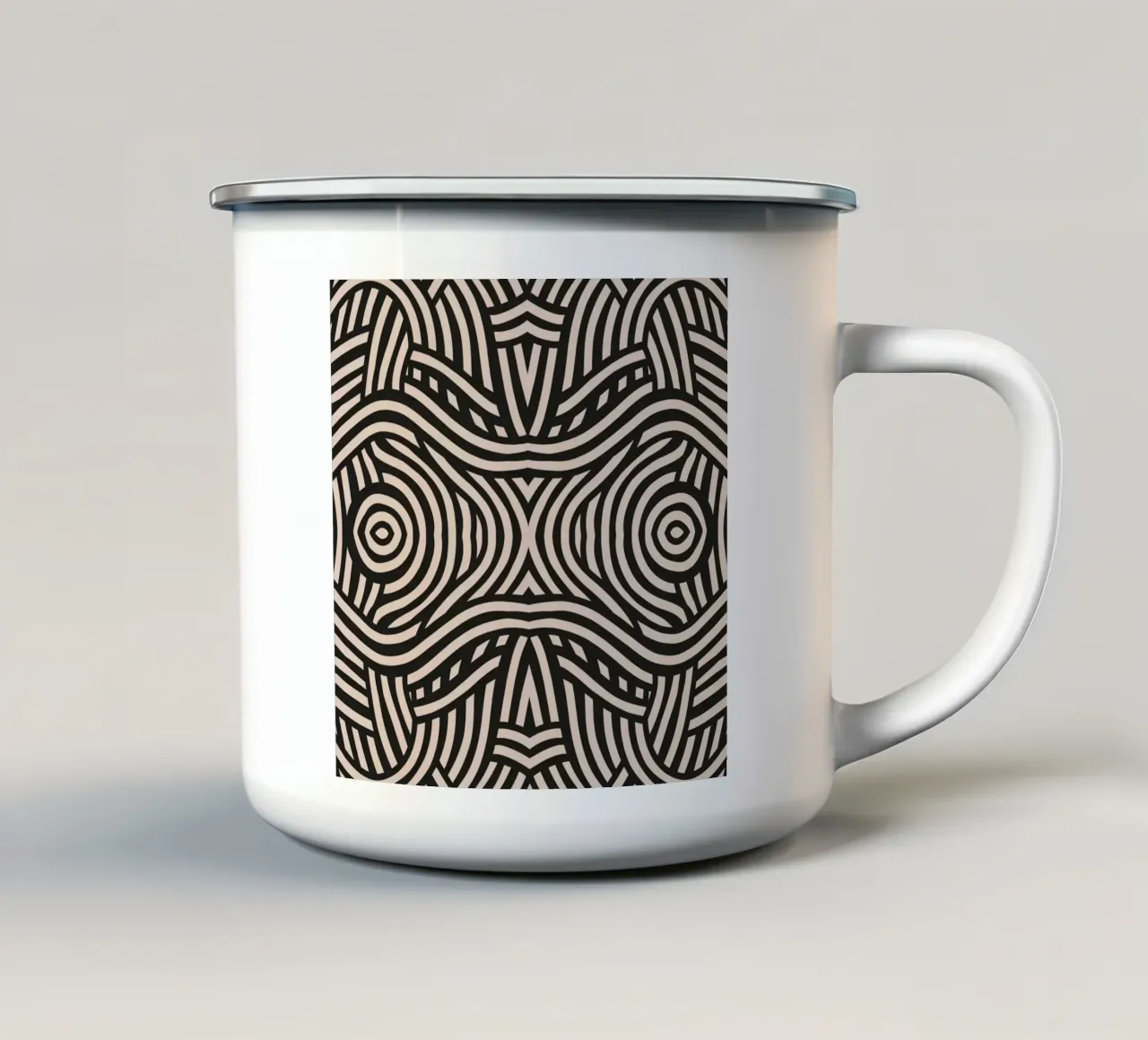 Symmetrical linocut line art pattern 05 enamel mug by Little Dean
