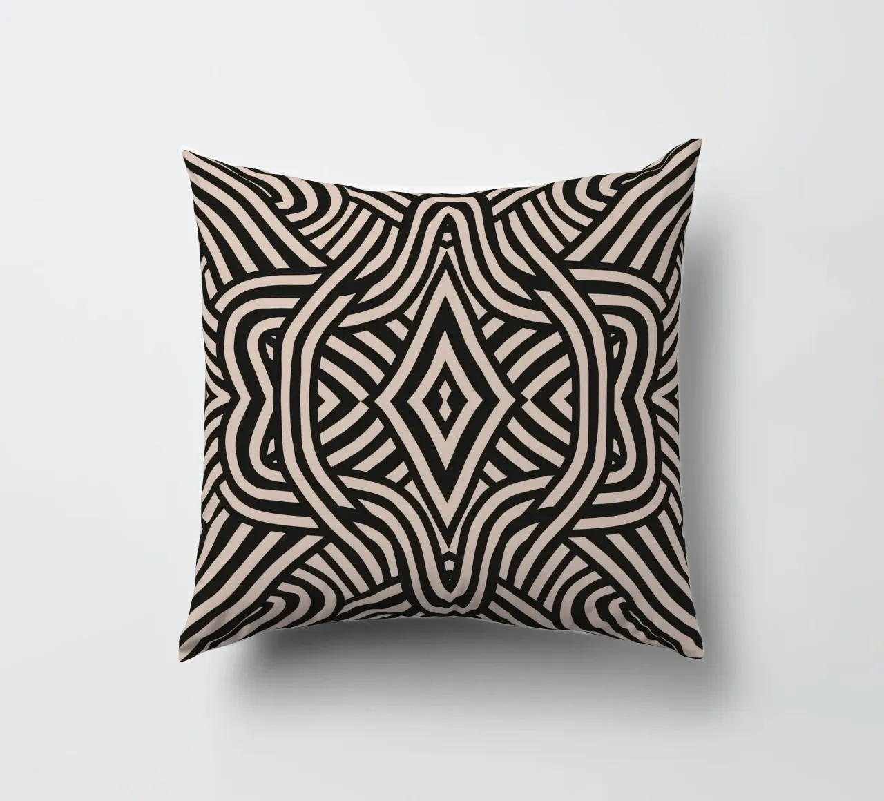 Symmetrical linocut line art pattern 06 decorative cushion by Little Dean