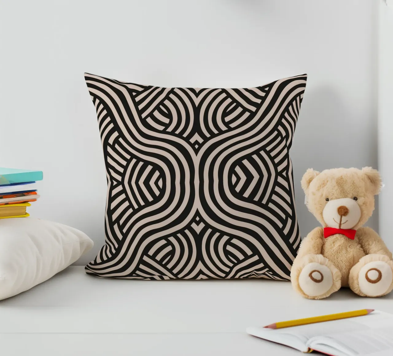 Symmetrical linocut line art pattern 07 decorative cushion by Little Dean