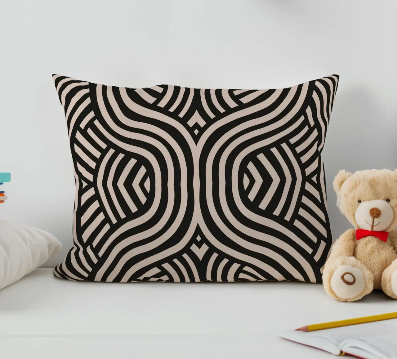 Symmetrical linocut line art pattern 07 decorative cushion by Little Dean