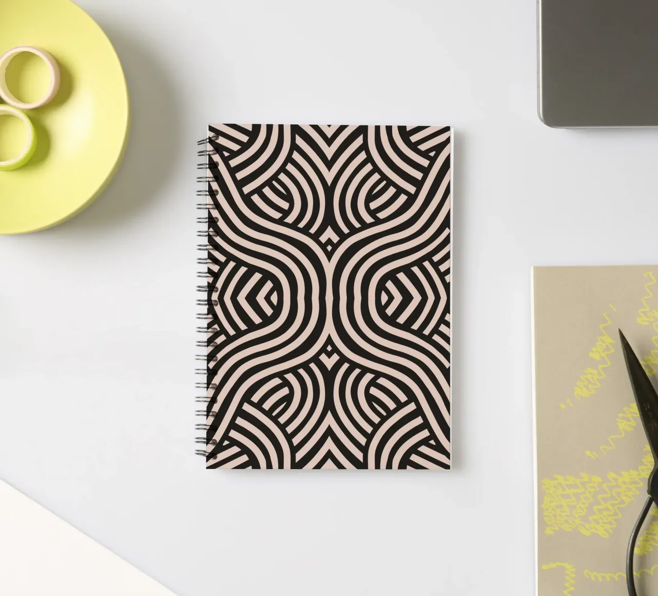 Symmetrical linocut line art pattern 07 spiral notebook by Little Dean
