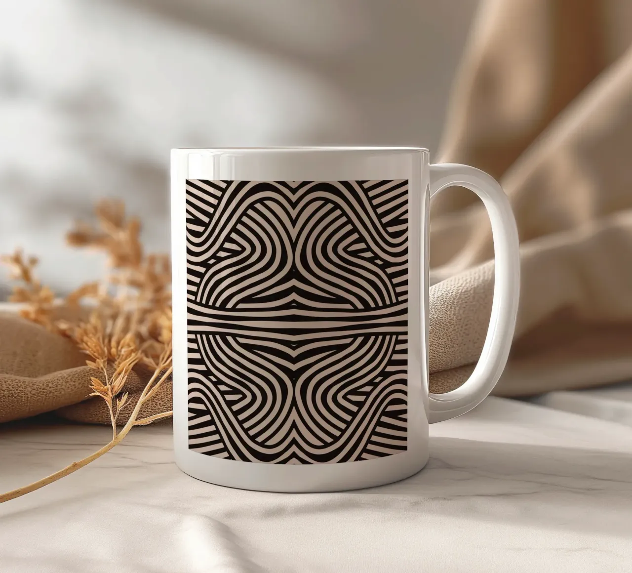 Symmetrical linocut line art pattern 08 ceramic mug by Little Dean