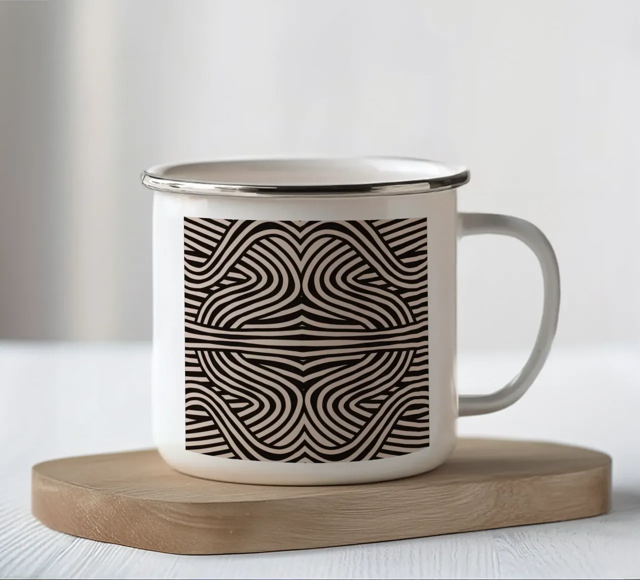 Symmetrical linocut line art pattern 08 enamel mug by Little Dean