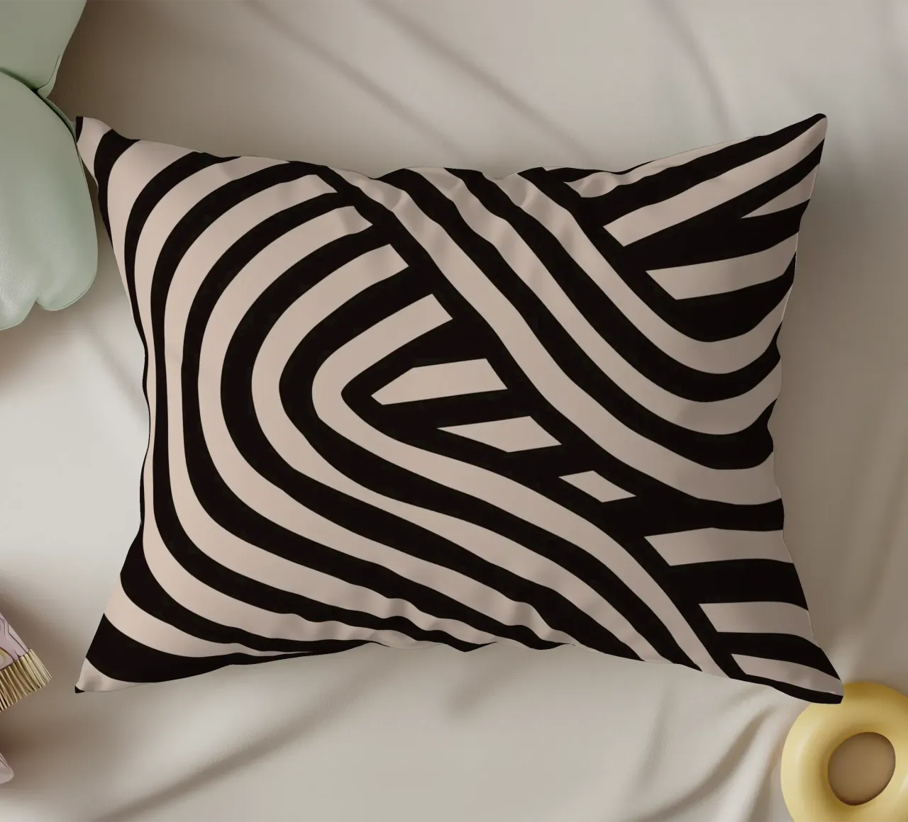 Asymmetrical linocut line art pattern 04 decorative cushion by Little Dean