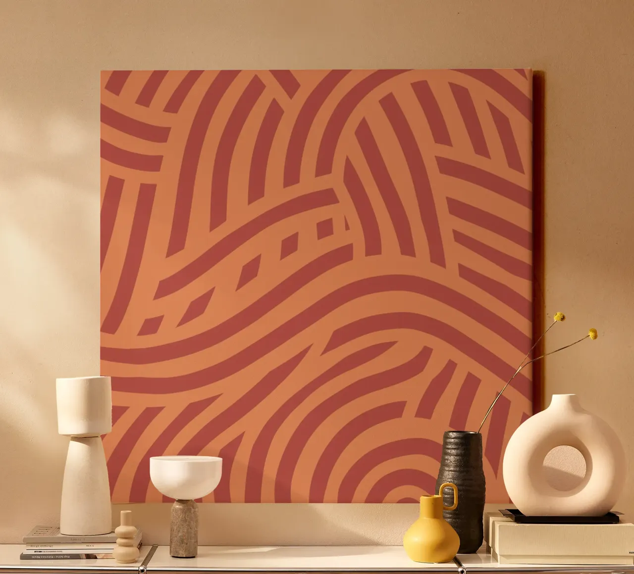 Asymmetrical linocut line art pattern 05 canvas with Floater frame by Little Dean