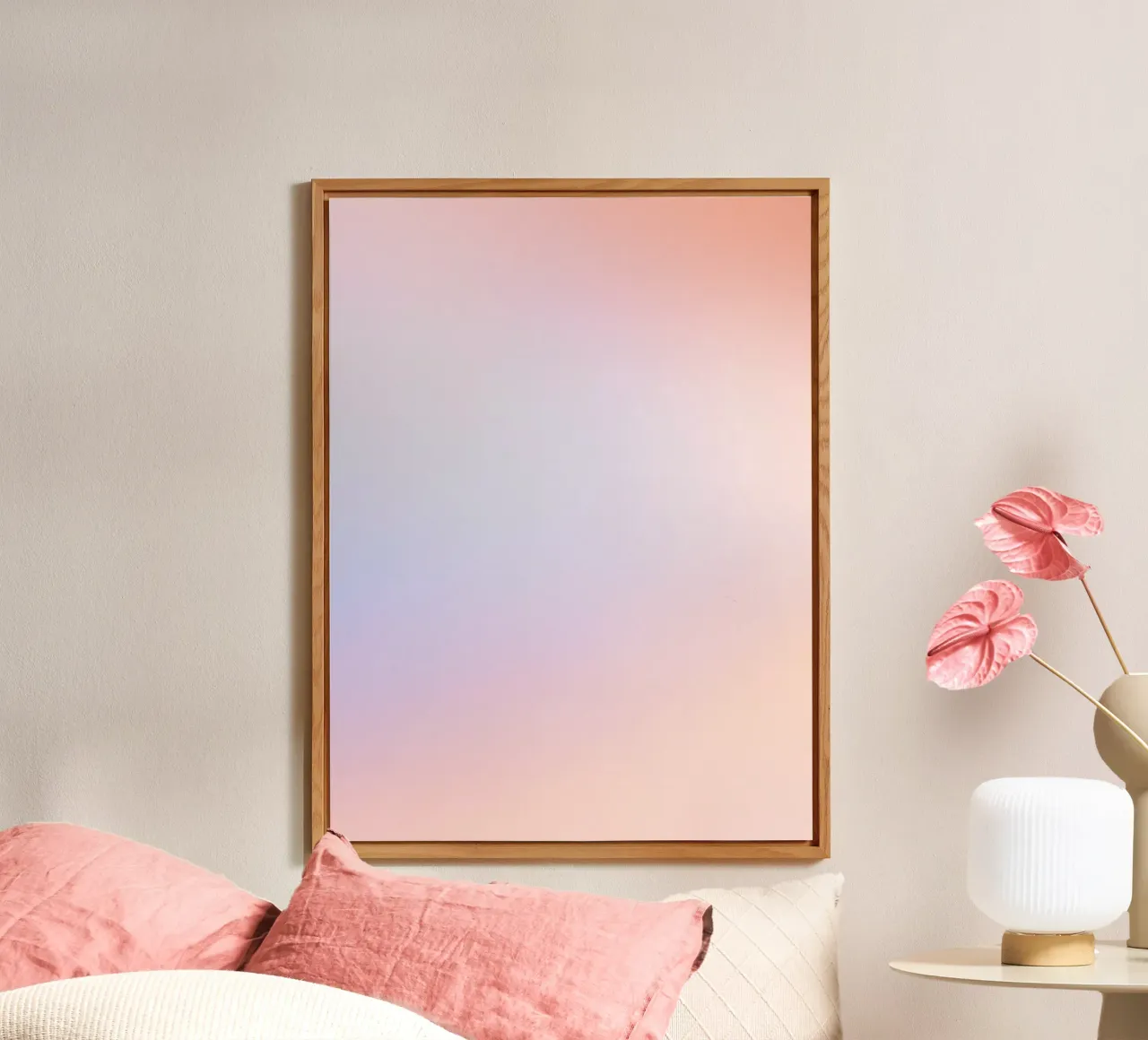 Süßer Horizont - Farbverlauf von Lachsrosa, Blau, Weiß Alu-Dibond von studiofox