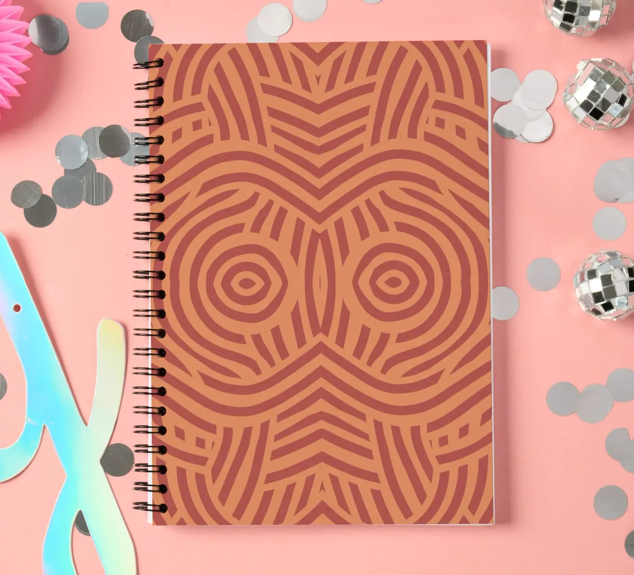 Symmetrical linocut line art pattern 09 spiral notebook by Little Dean