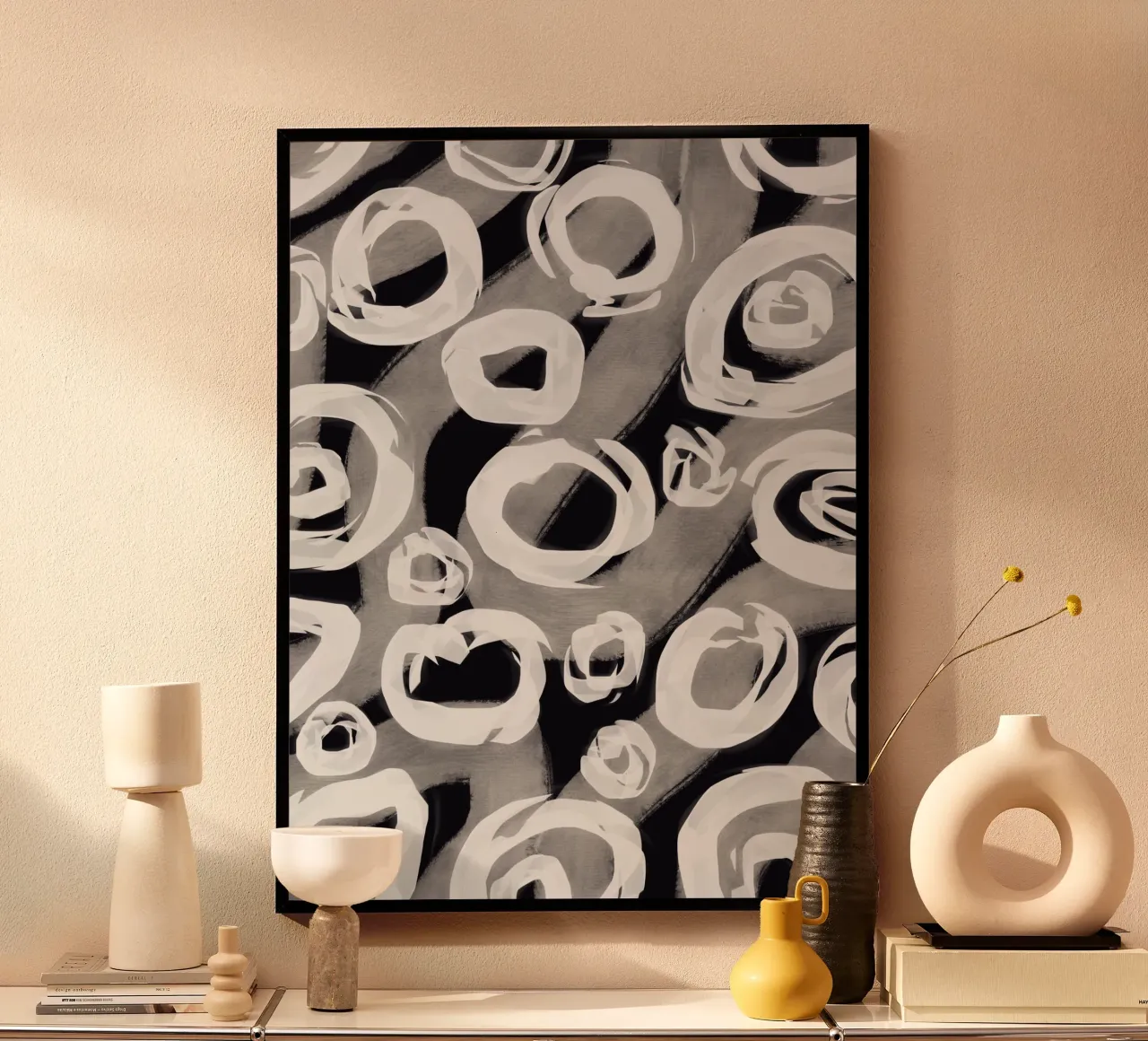 Motivo a bolle in bianco e nero poster con telaio in plastica da Little Dean