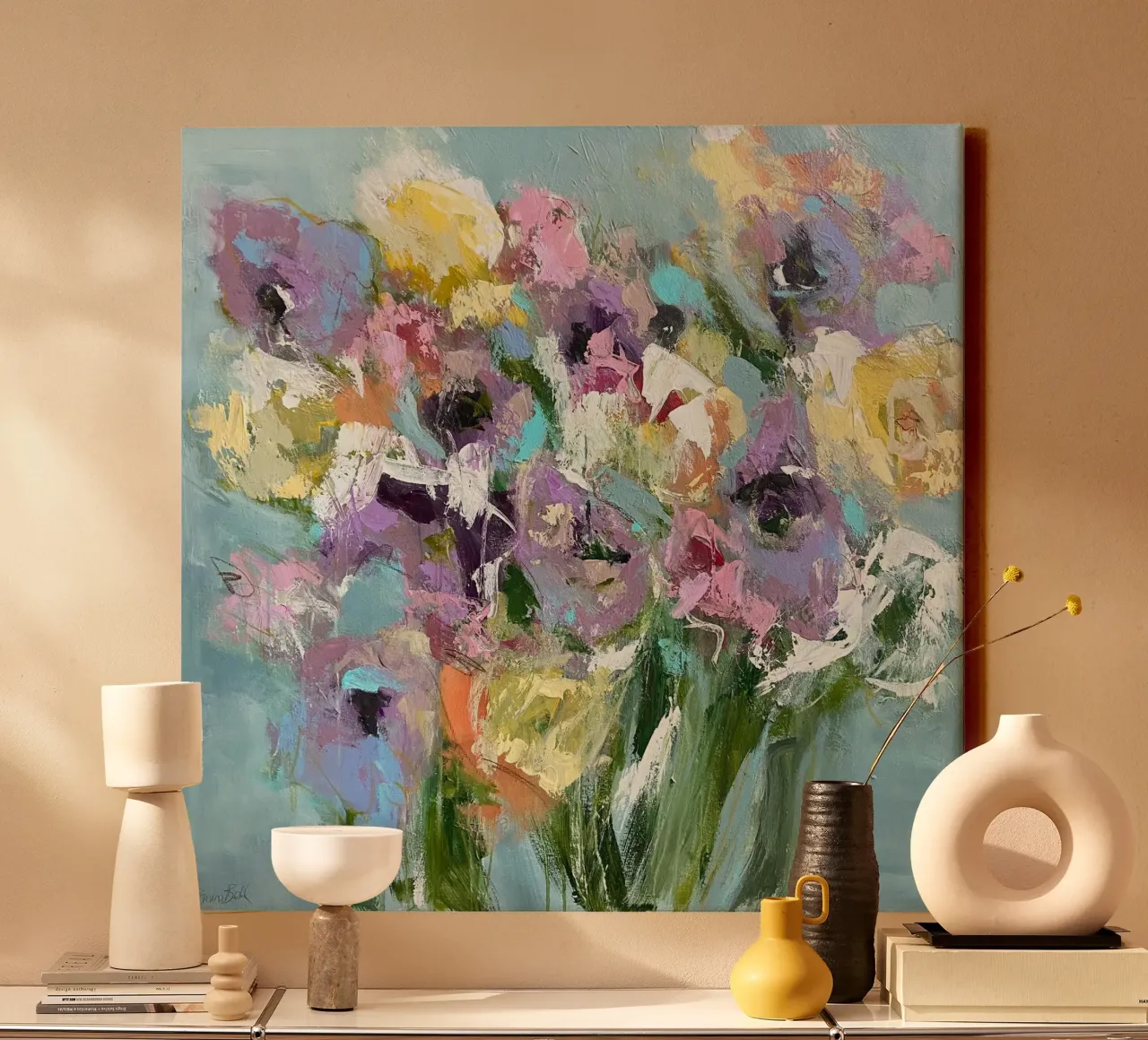 Fiori colorati e vibranti tela con Cornice a cassetta da Emma Bell