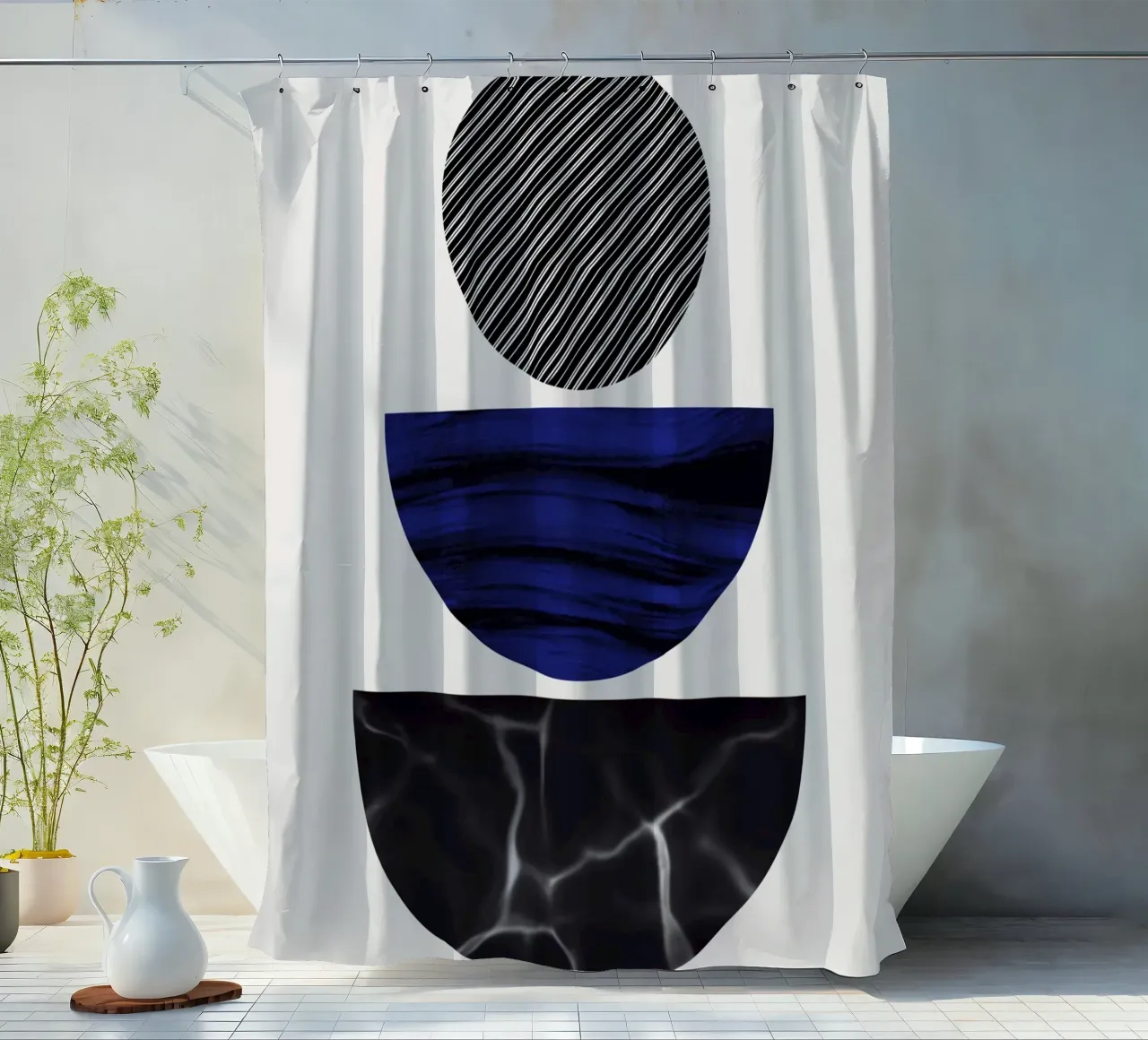 Luxe blauw en grijs nordic art 06 douchegordijn van Little Dean