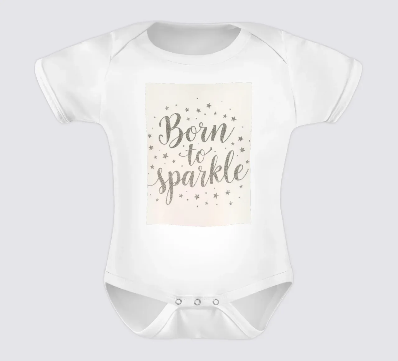 Silver glittering "born to sparkle" script with stars short-sleeve baby romper by DesignDoodle