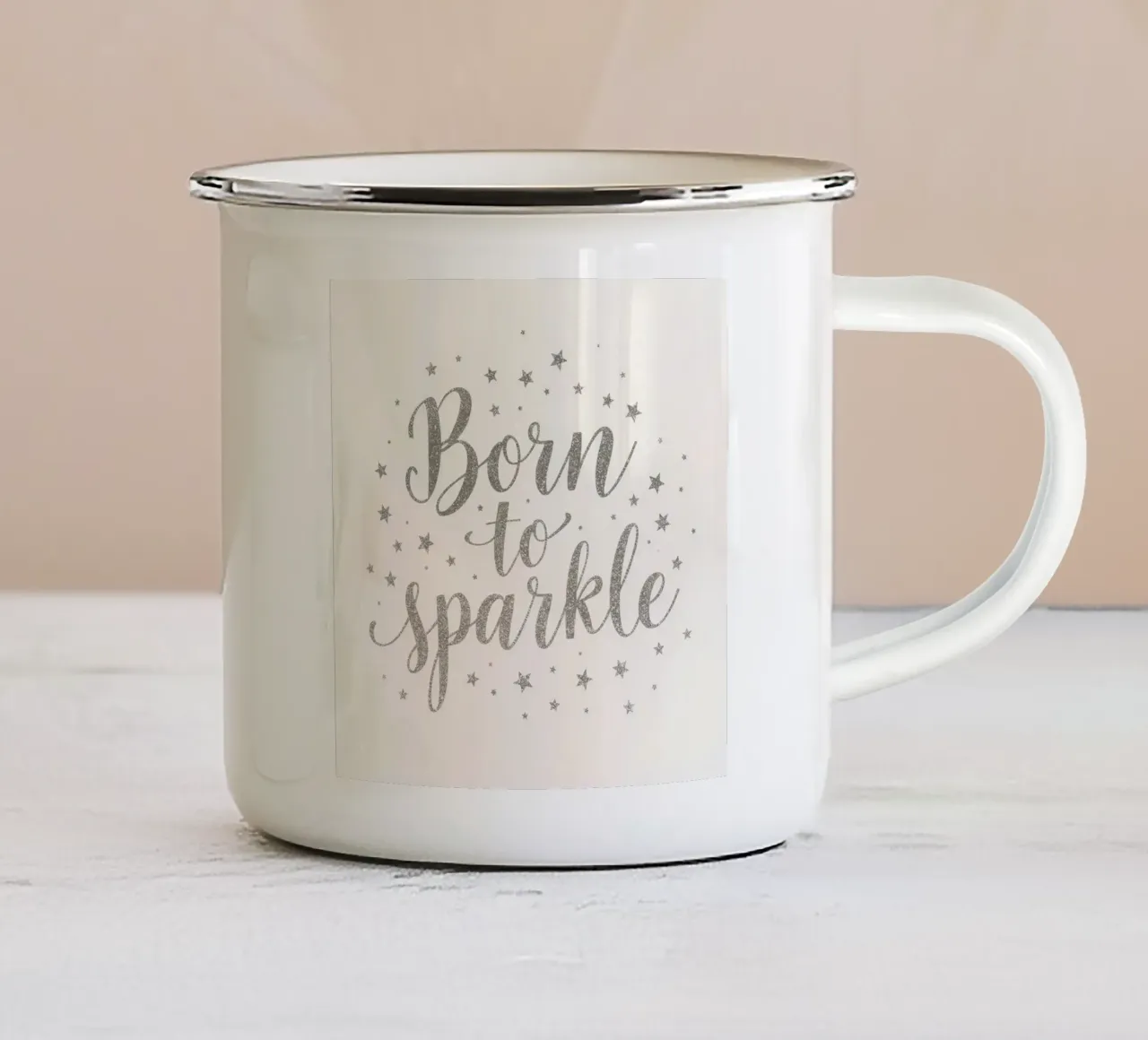 Silver glittering "born to sparkle" script with stars enamel mug by DesignDoodle