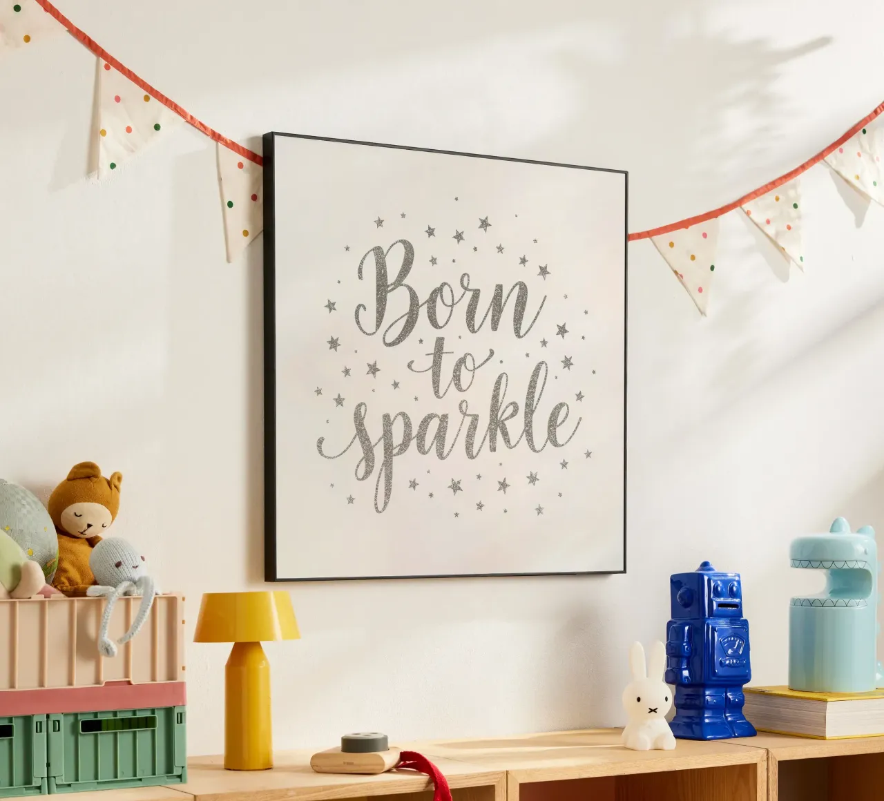 Silver glittering "born to sparkle" script with stars alu-dibond by DesignDoodle