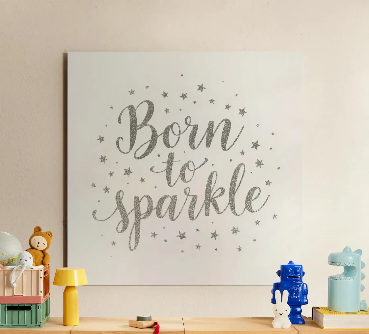 Silver glittering "born to sparkle" script with stars alu-dibond by DesignDoodle