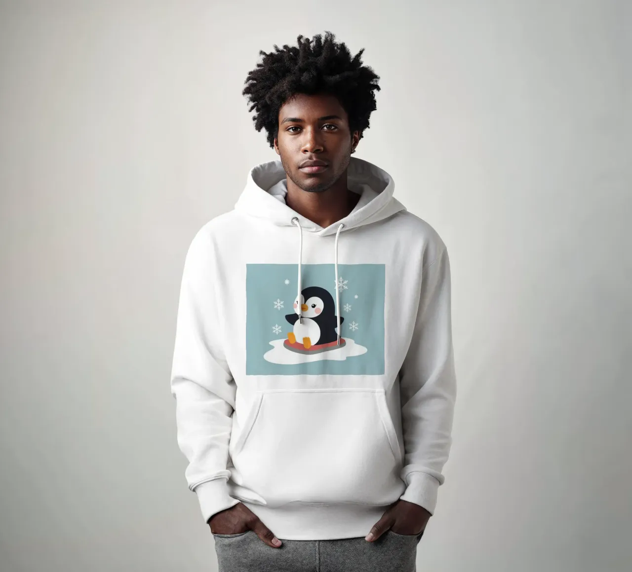 Lindo pingüino de dibujos animados en un trineo con copos de nieve cayendo sudadera con capucha de DesignDoodle
