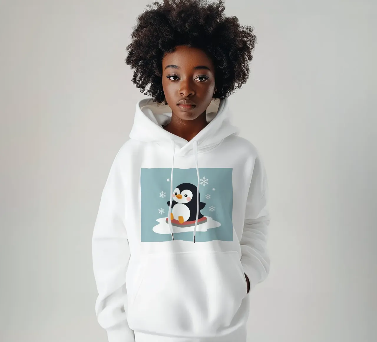 Lindo pingüino de dibujos animados en un trineo con copos de nieve cayendo sudadera con capucha de DesignDoodle