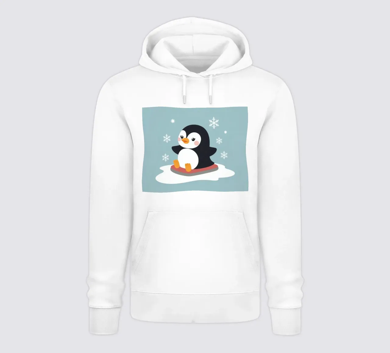 Lindo pingüino de dibujos animados en un trineo con copos de nieve cayendo sudadera con capucha de DesignDoodle