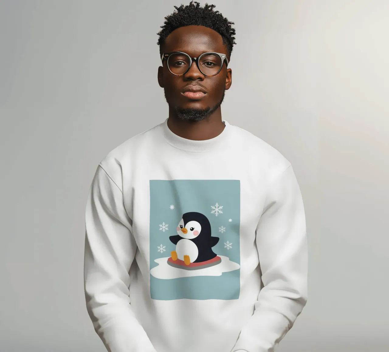 Lindo pingüino de dibujos animados en un trineo con copos de nieve cayendo sudadera de DesignDoodle
