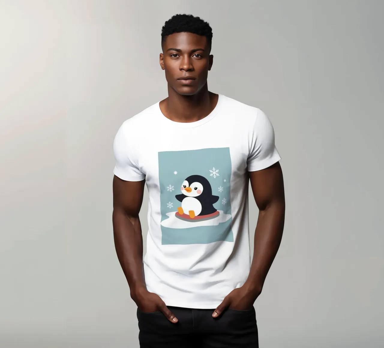 Cute cartoon penguin on a sled with falling snowflakes t-shirt by DesignDoodle