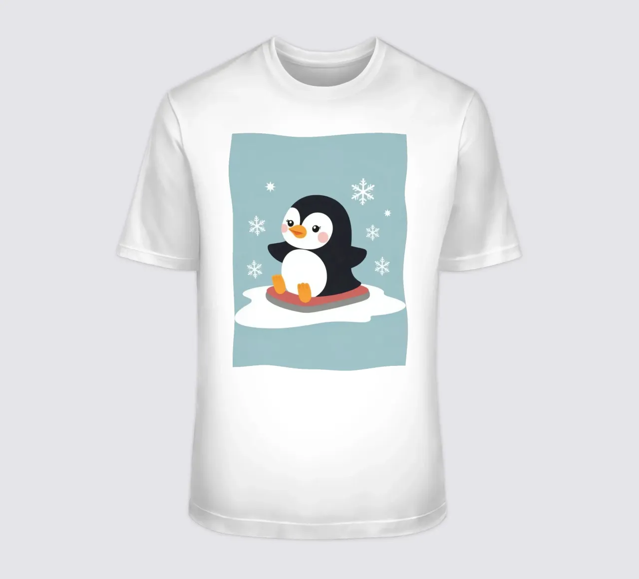 Cute cartoon penguin on a sled with falling snowflakes t-shirt by DesignDoodle
