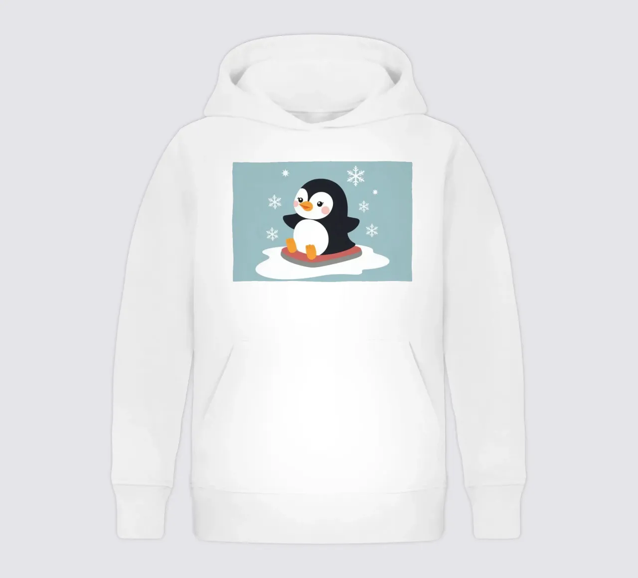 Lindo pingüino de dibujos animados en un trineo con copos de nieve cayendo sudadera con capucha para niño de DesignDoodle