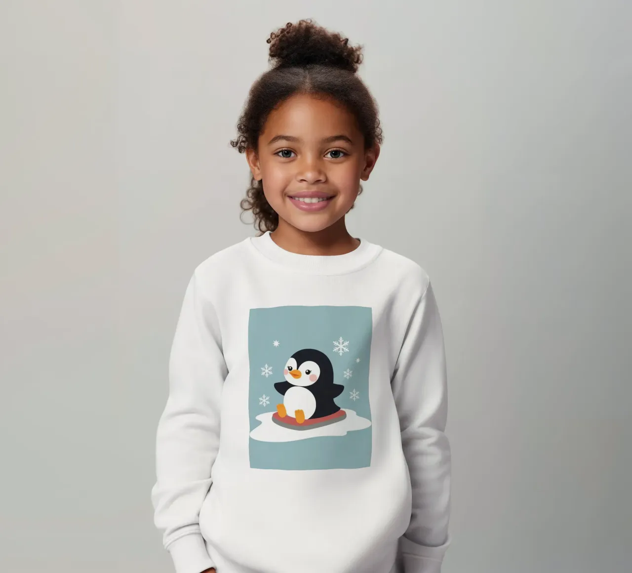 Cute cartoon penguin on a sled with falling snowflakes kids sweatshirt by DesignDoodle
