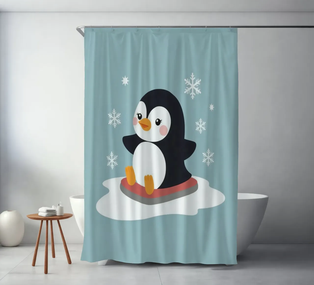 Mignon pingouin de dessin animé sur un traîneau avec des flocons de neige qui tombent rideau de douche de DesignDoodle