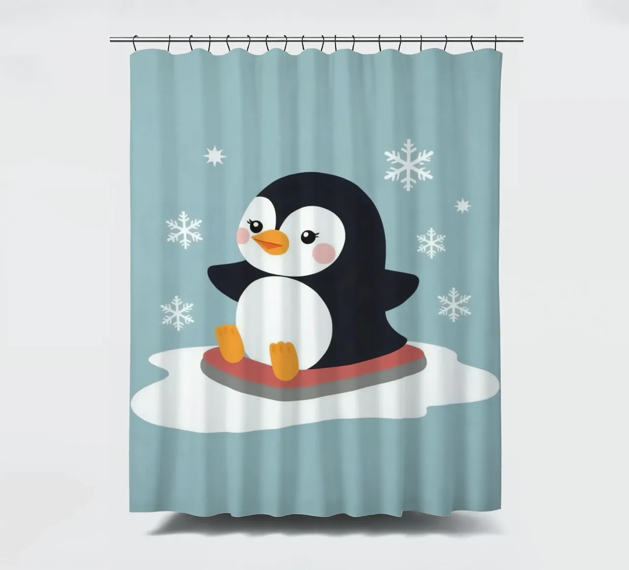 Mignon pingouin de dessin animé sur un traîneau avec des flocons de neige qui tombent rideau de douche de DesignDoodle