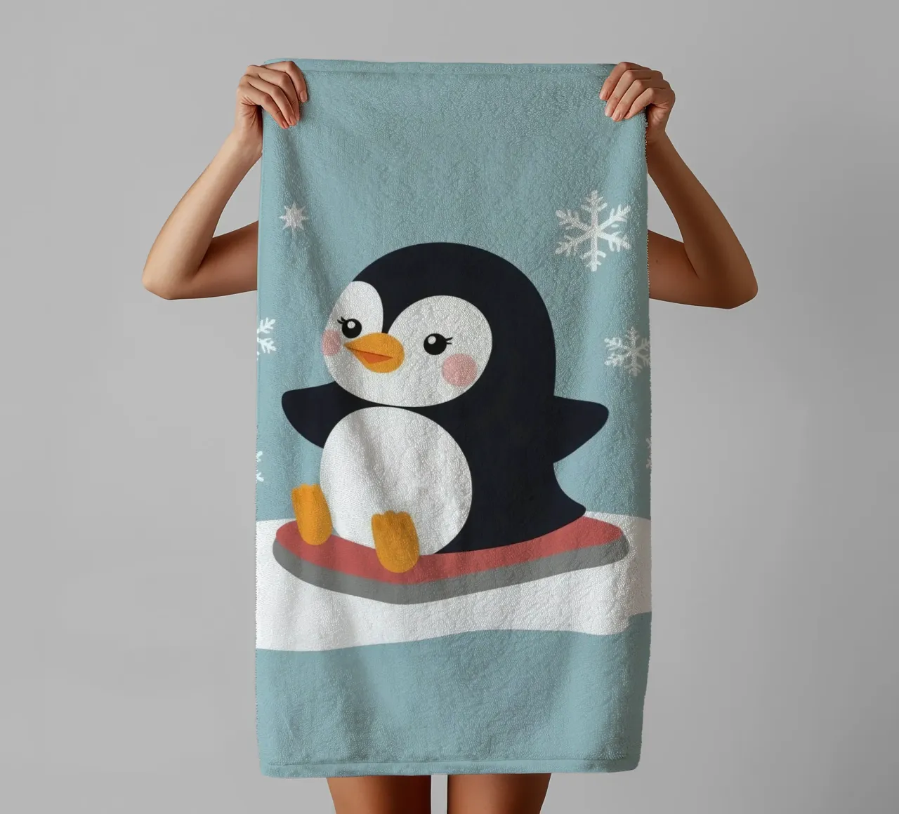 Cute cartoon penguin on a sled with falling snowflakes towel by DesignDoodle