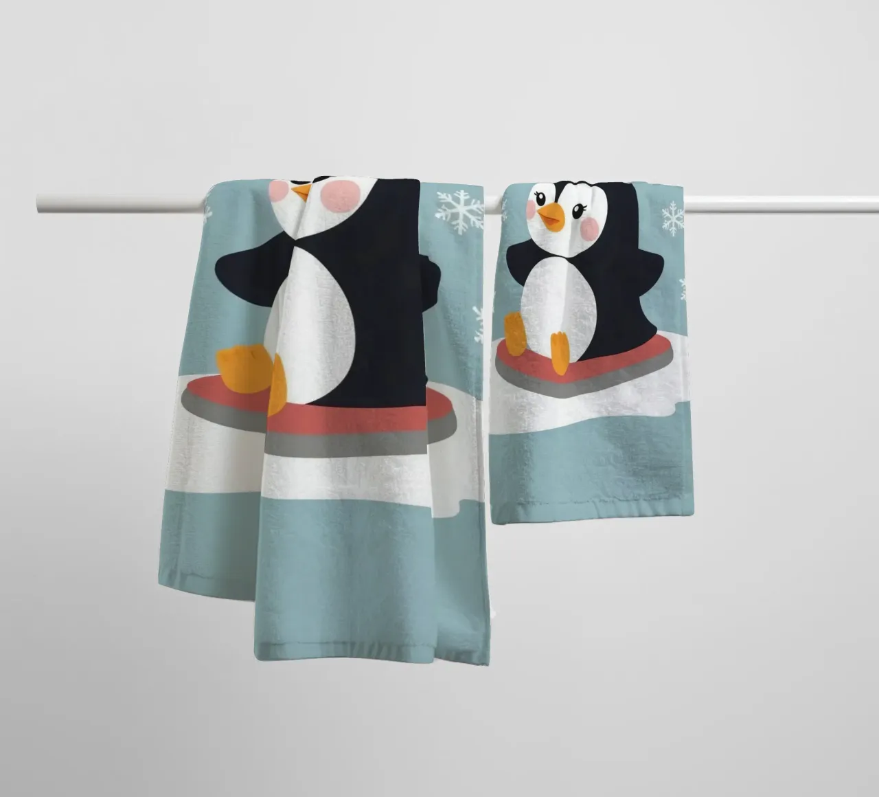 Cute cartoon penguin on a sled with falling snowflakes towel by DesignDoodle
