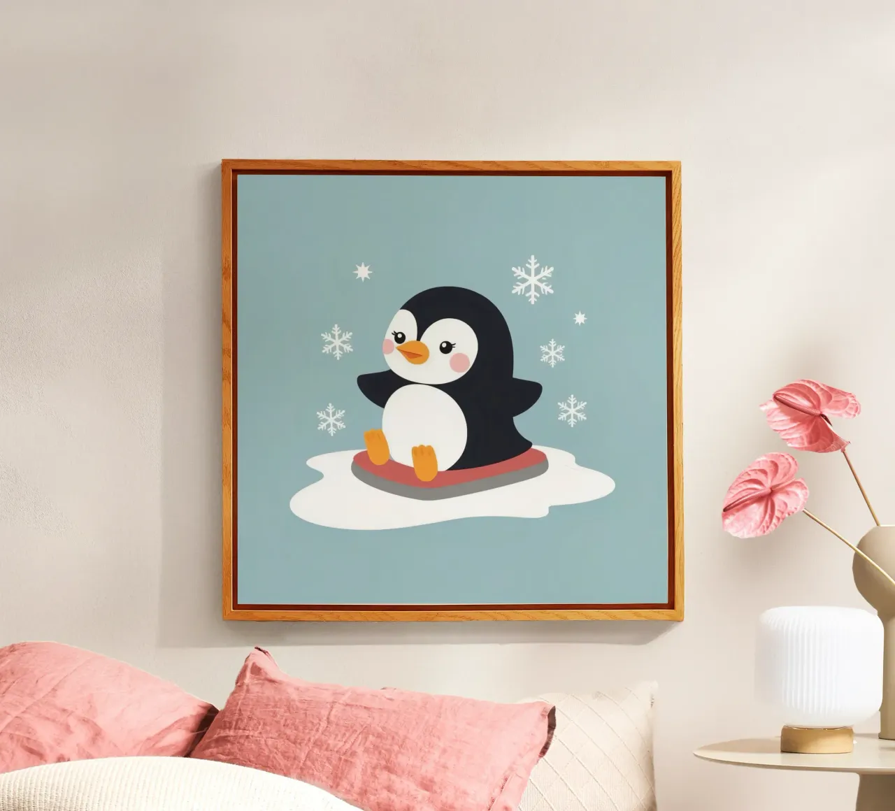 Lindo pingüino de dibujos animados en un trineo con copos de nieve cayendo metacrilato de DesignDoodle