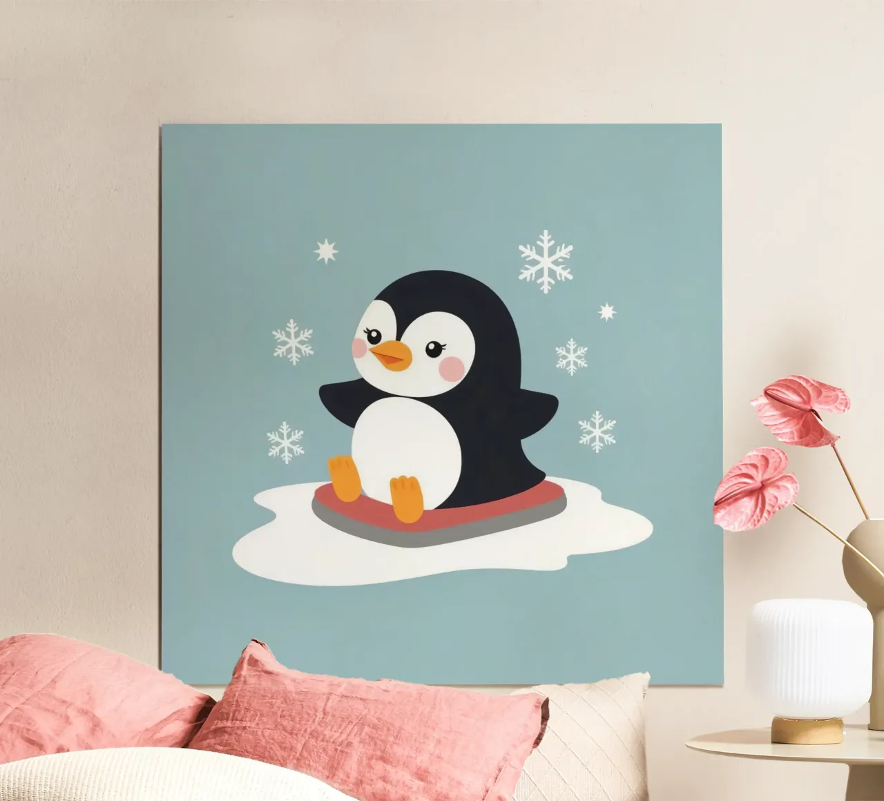 Lindo pingüino de dibujos animados en un trineo con copos de nieve cayendo hahnemühle de DesignDoodle