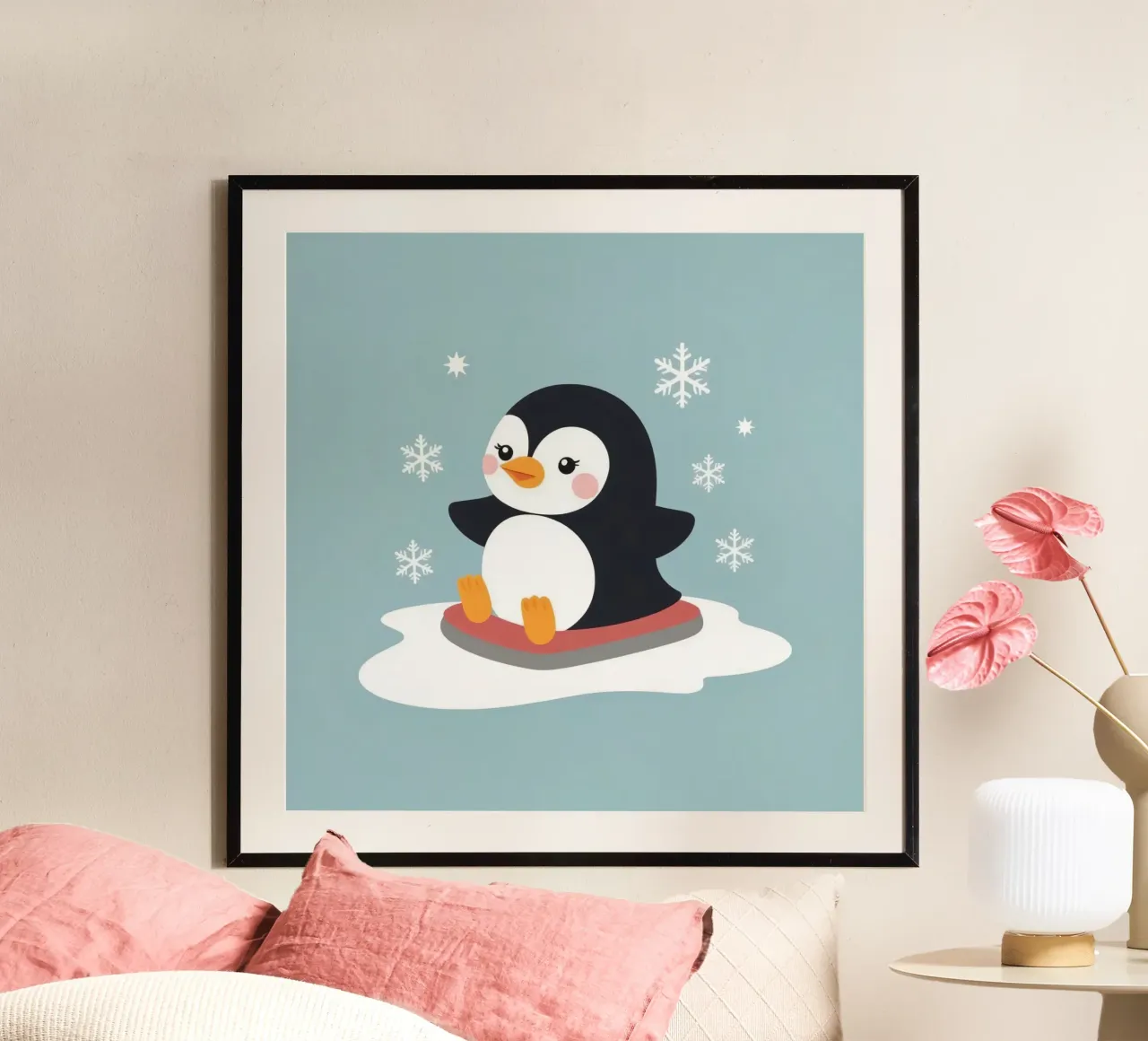 Lindo pingüino de dibujos animados en un trineo con copos de nieve cayendo hahnemühle de DesignDoodle