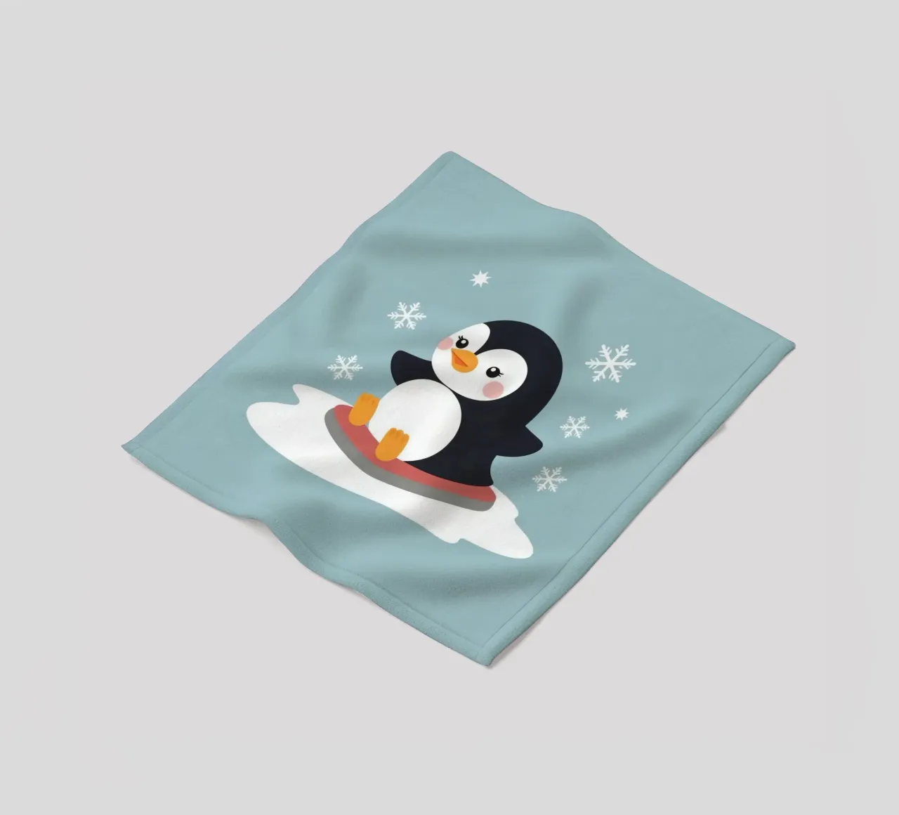 Cute cartoon penguin on a sled with falling snowflakes fleece blanket by DesignDoodle