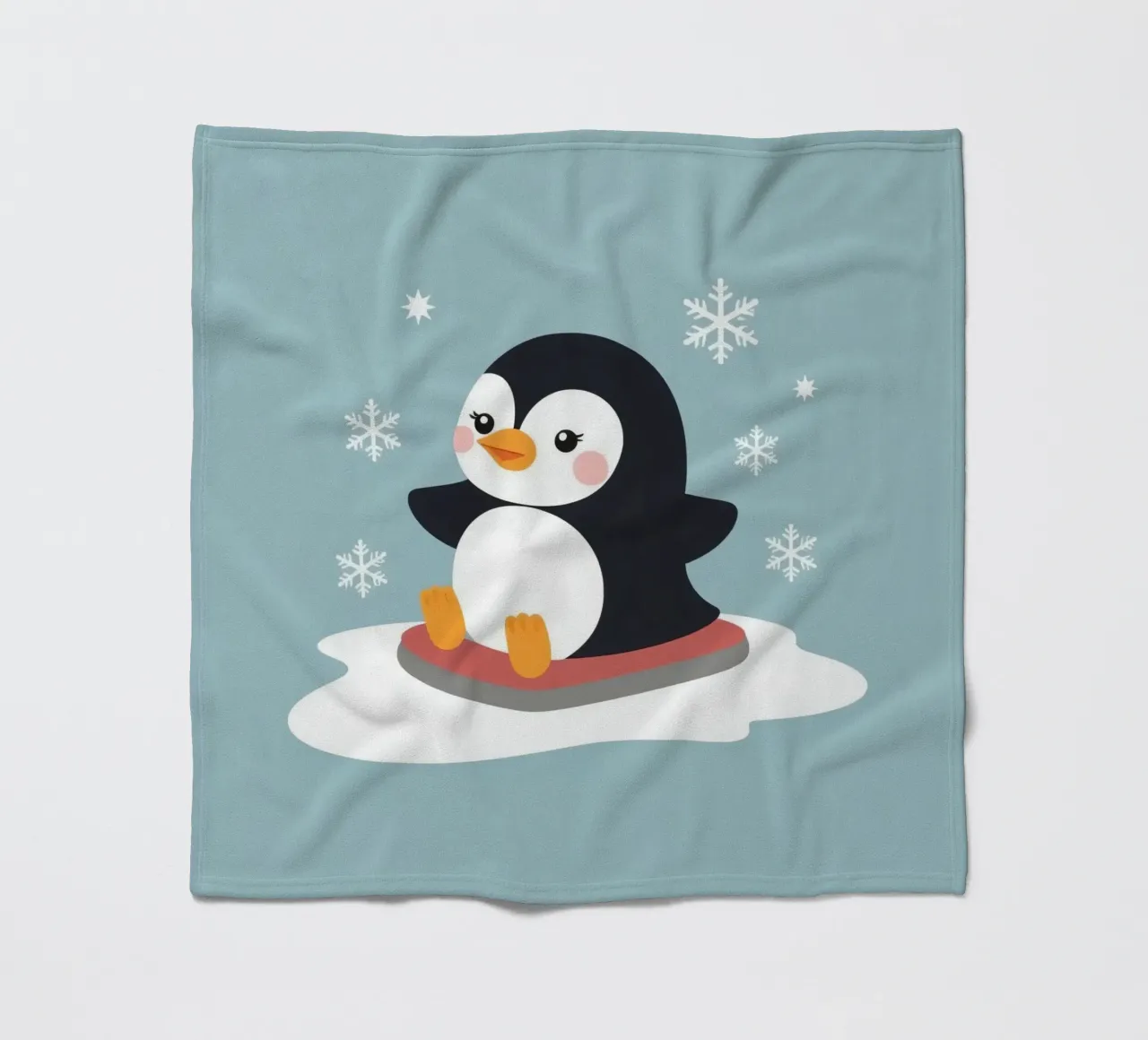 Cute cartoon penguin on a sled with falling snowflakes fleece blanket by DesignDoodle