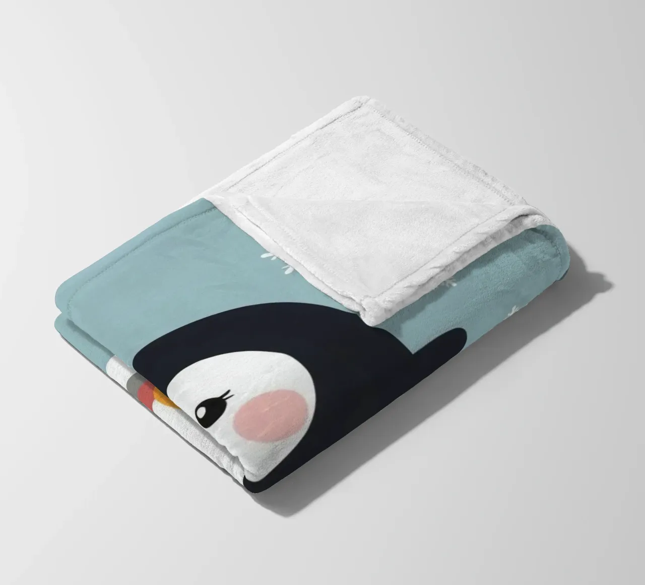 Cute cartoon penguin on a sled with falling snowflakes fleece blanket by DesignDoodle