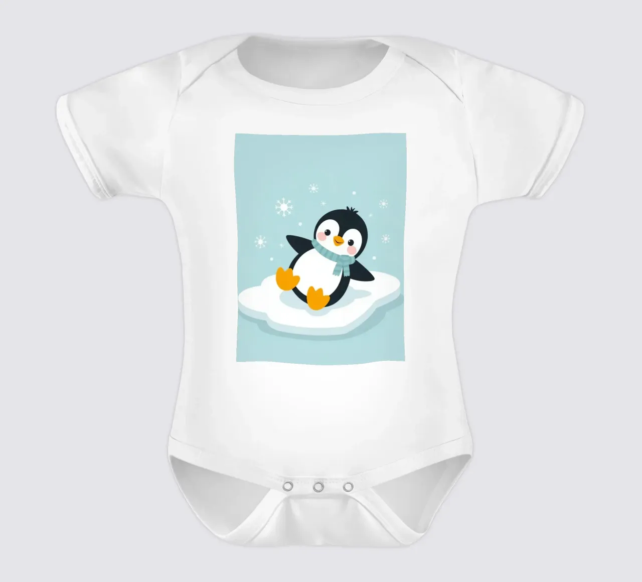Un mignon pingouin avec une écharpe bleu clair se repose sur une glace blanche. body bébé de DesignDoodle