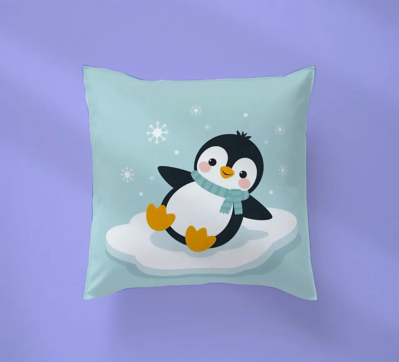 Un simpatico pinguino con sciarpa azzurra riposa su un ghiaccio bianco cuscino da DesignDoodle
