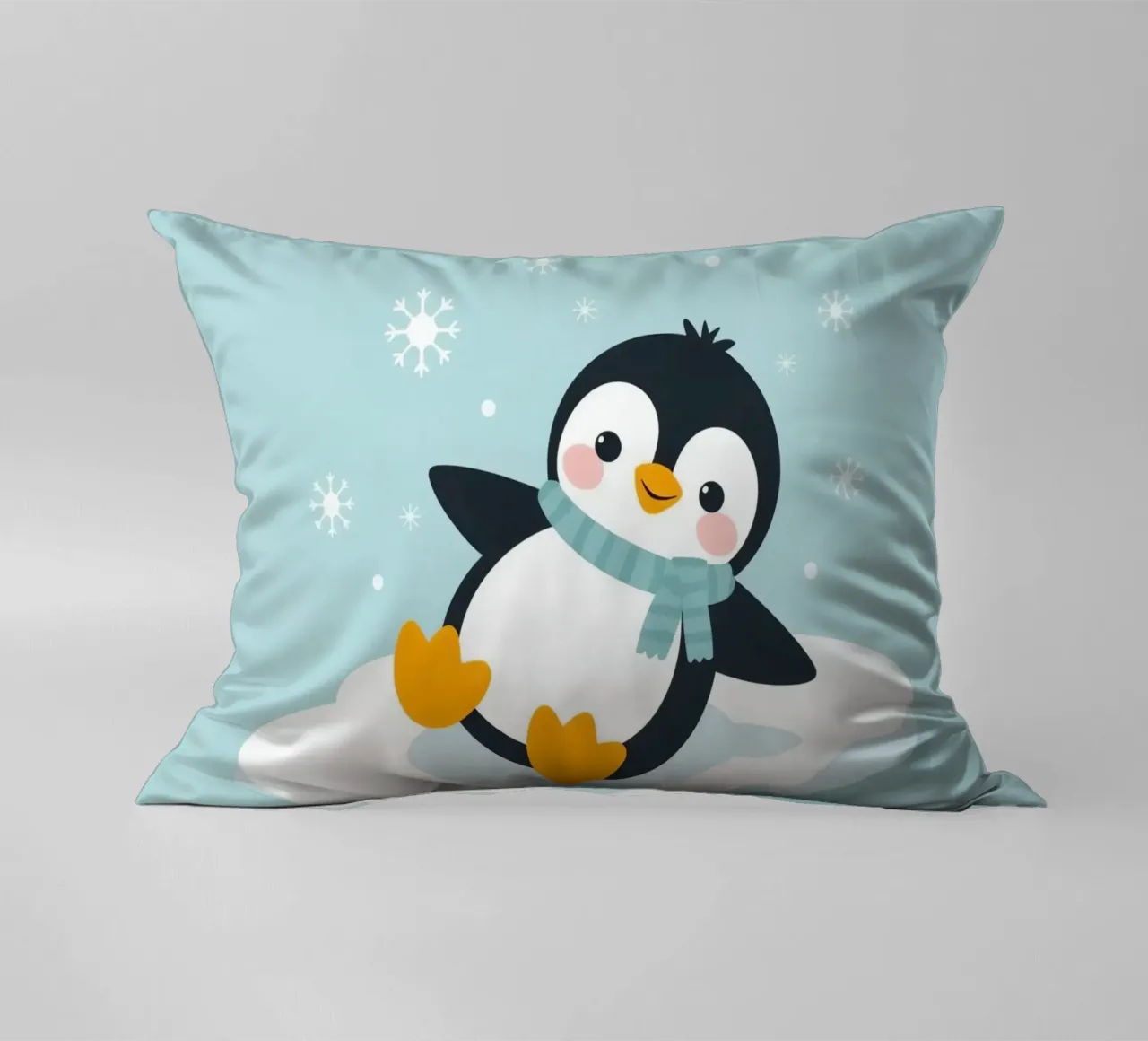 Un simpatico pinguino con sciarpa azzurra riposa su un ghiaccio bianco cuscino da DesignDoodle