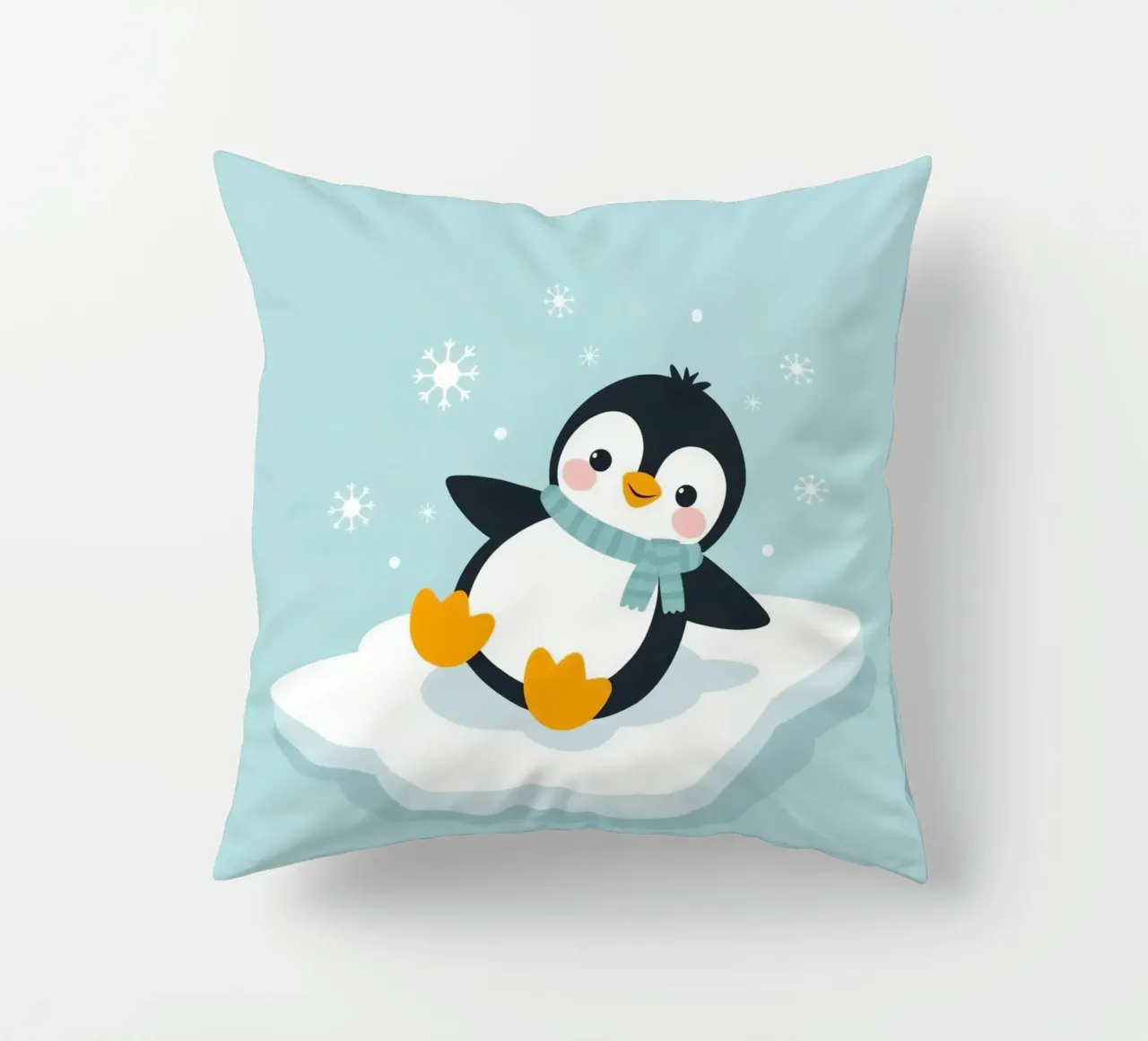 Un simpatico pinguino con sciarpa azzurra riposa su un ghiaccio bianco cuscino da DesignDoodle