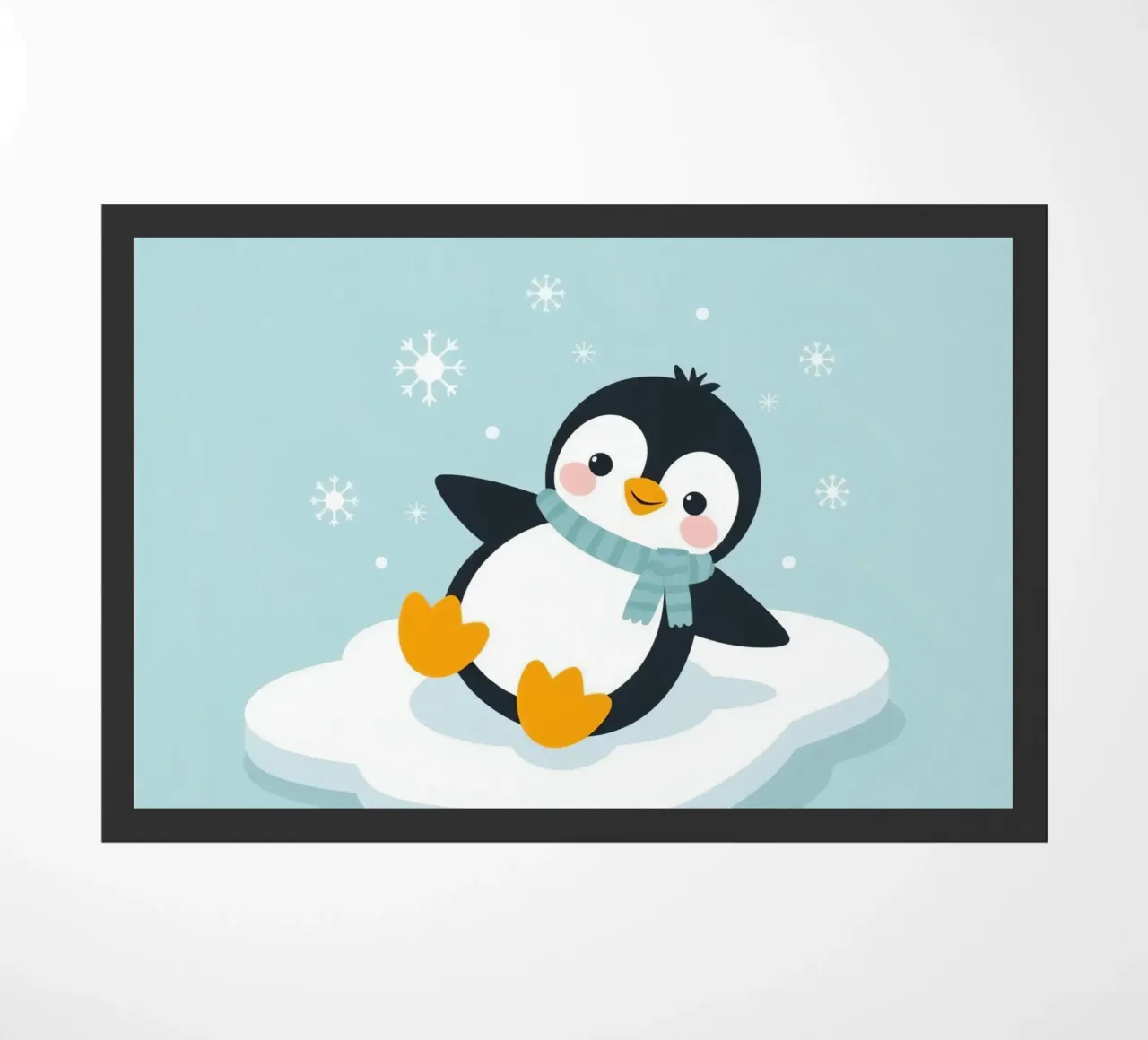 Un simpatico pinguino con sciarpa azzurra riposa su un ghiaccio bianco zerbino da DesignDoodle