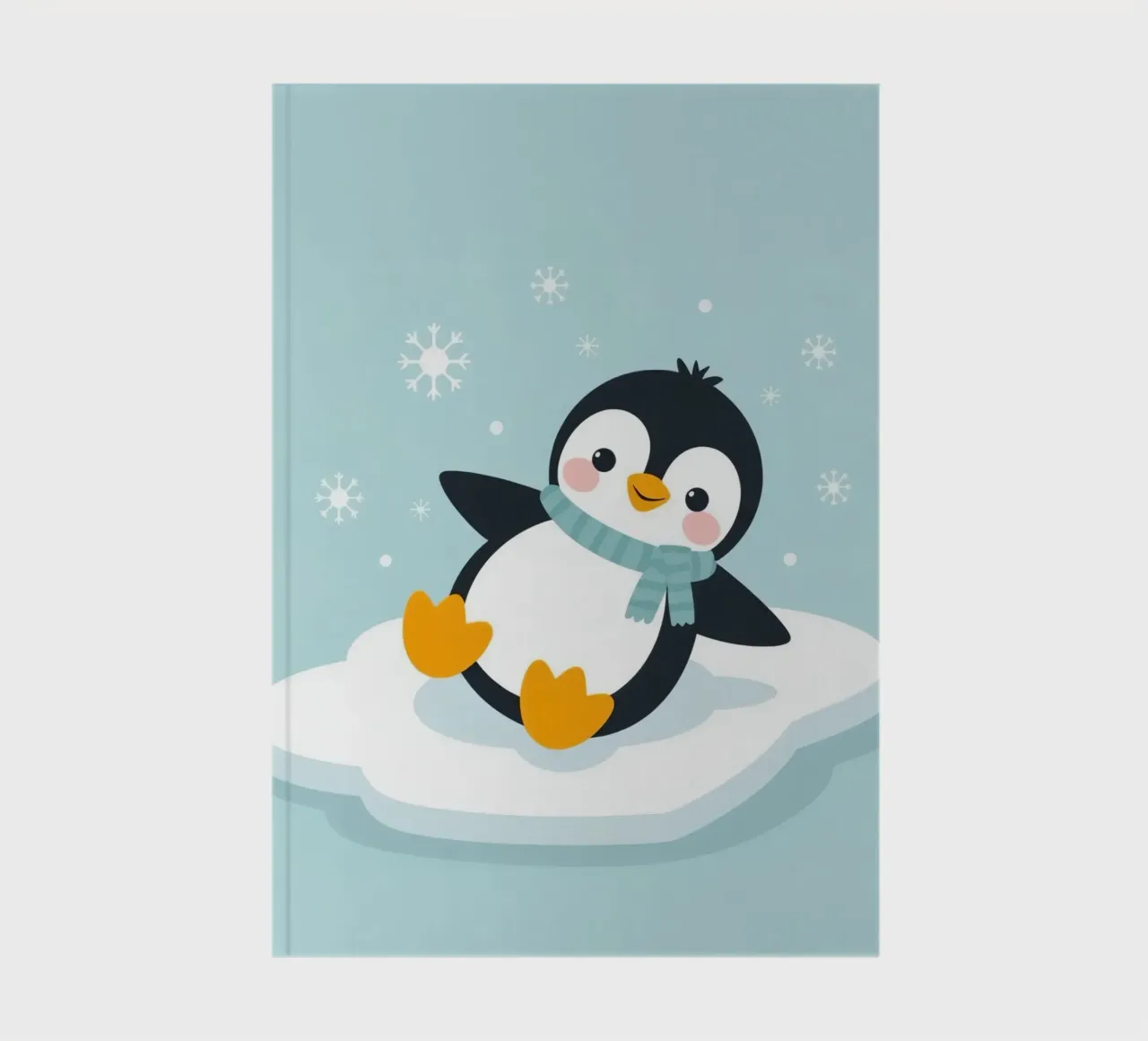 Un mignon pingouin avec une écharpe bleu clair se repose sur une glace blanche. carnet de notes de DesignDoodle
