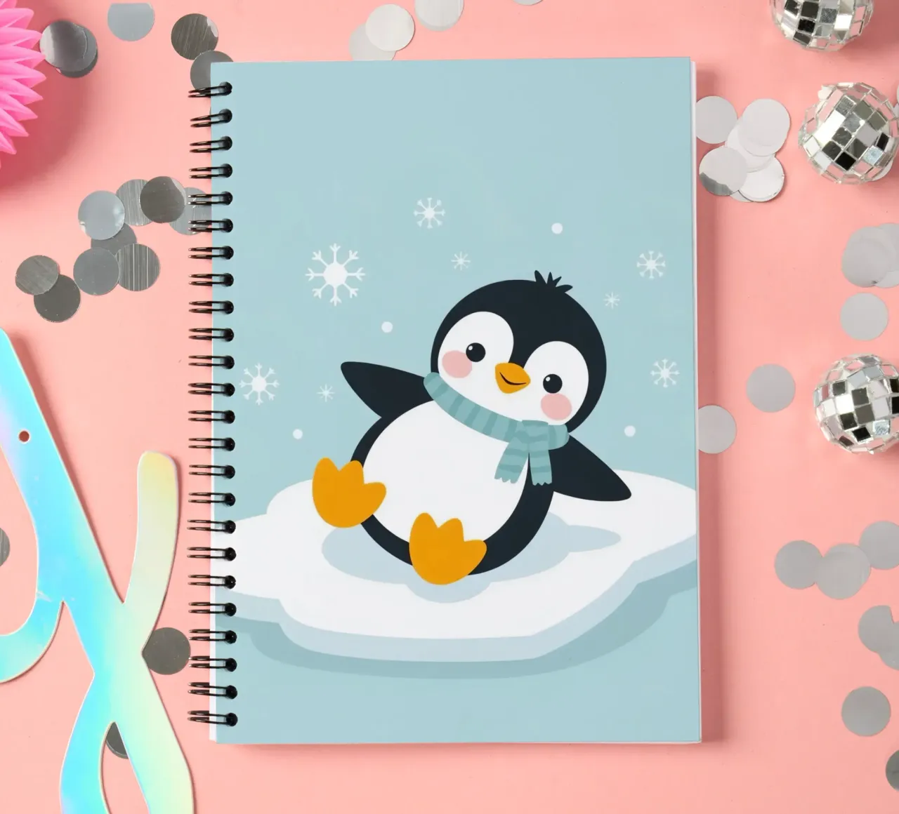 Un mignon pingouin avec une écharpe bleu clair se repose sur une glace blanche. carnet à spirale de DesignDoodle