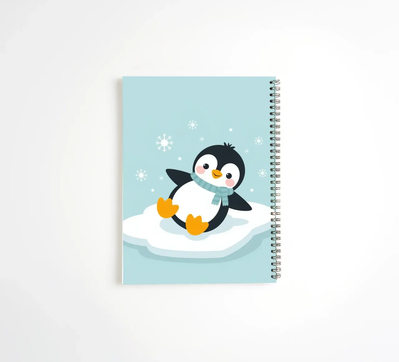 Un mignon pingouin avec une écharpe bleu clair se repose sur une glace blanche. carnet à spirale de DesignDoodle